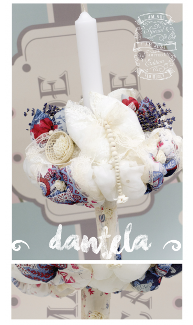 Lumanare de botez pentru fetite cu lavanda si margele, 65x4cm, Dantela cu lavanda  3